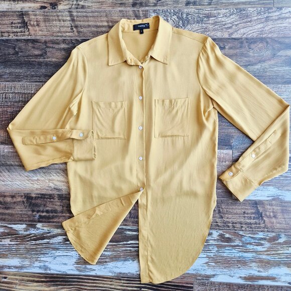 Theory Silk Blend Chiffon Tie-Front Button-Up Shirt Pocket Long Sleeve Yellow - Picture 4 of 13